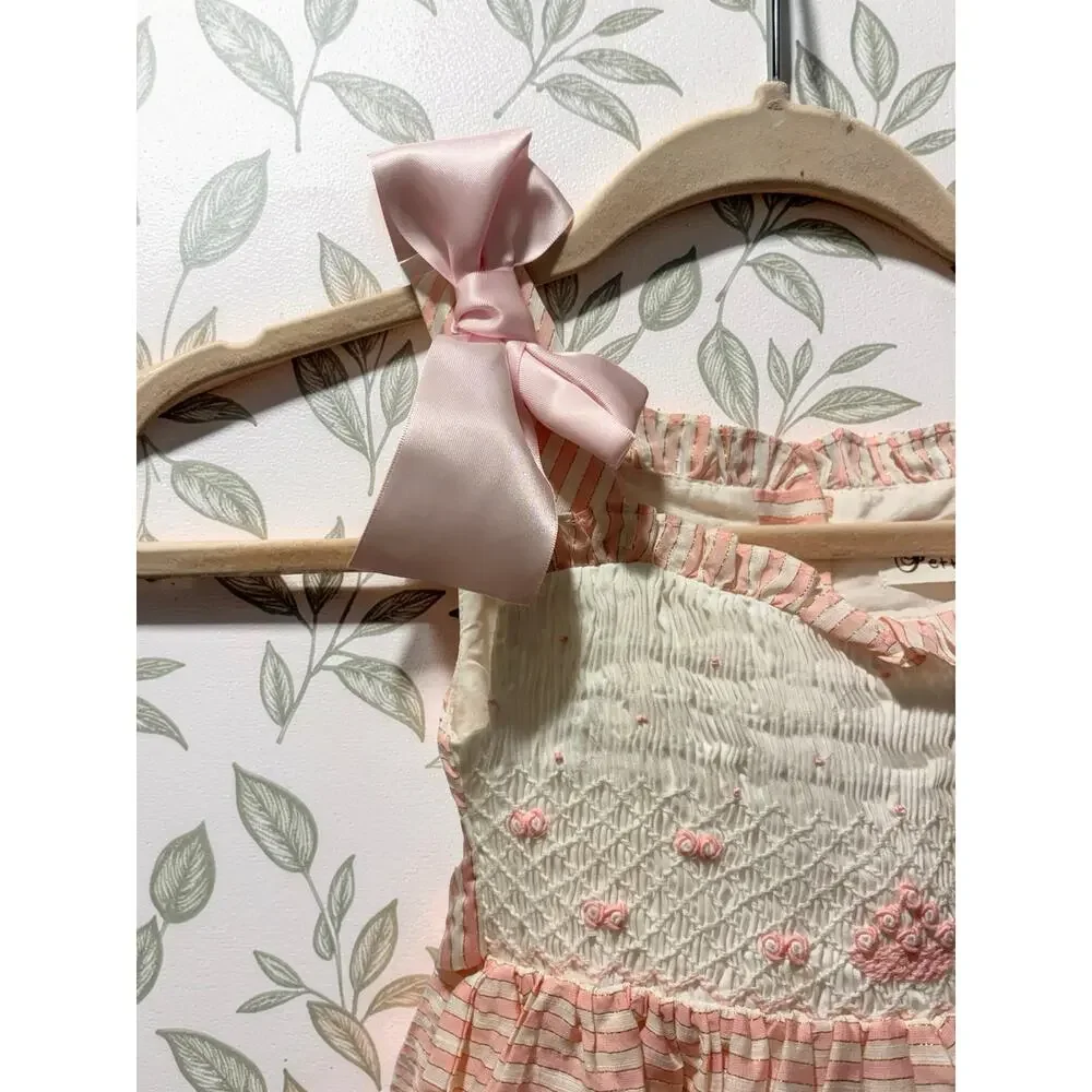 Pettigirl Girls Dress Size 5 Pink Stripe Smocked Bow 100% Cotton NWT Boutique
